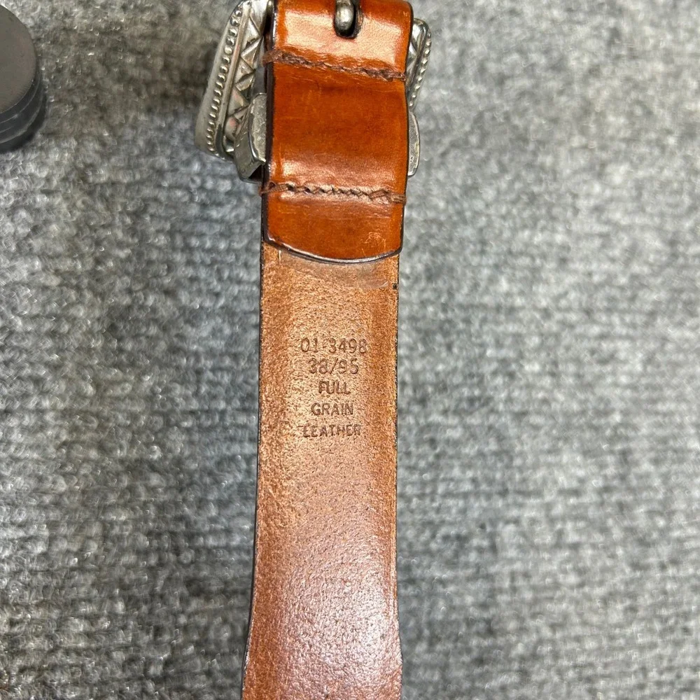 Cognac Full Grain Leather Western Concho Woven Belt Silver Buckle 38 95 01-3498
